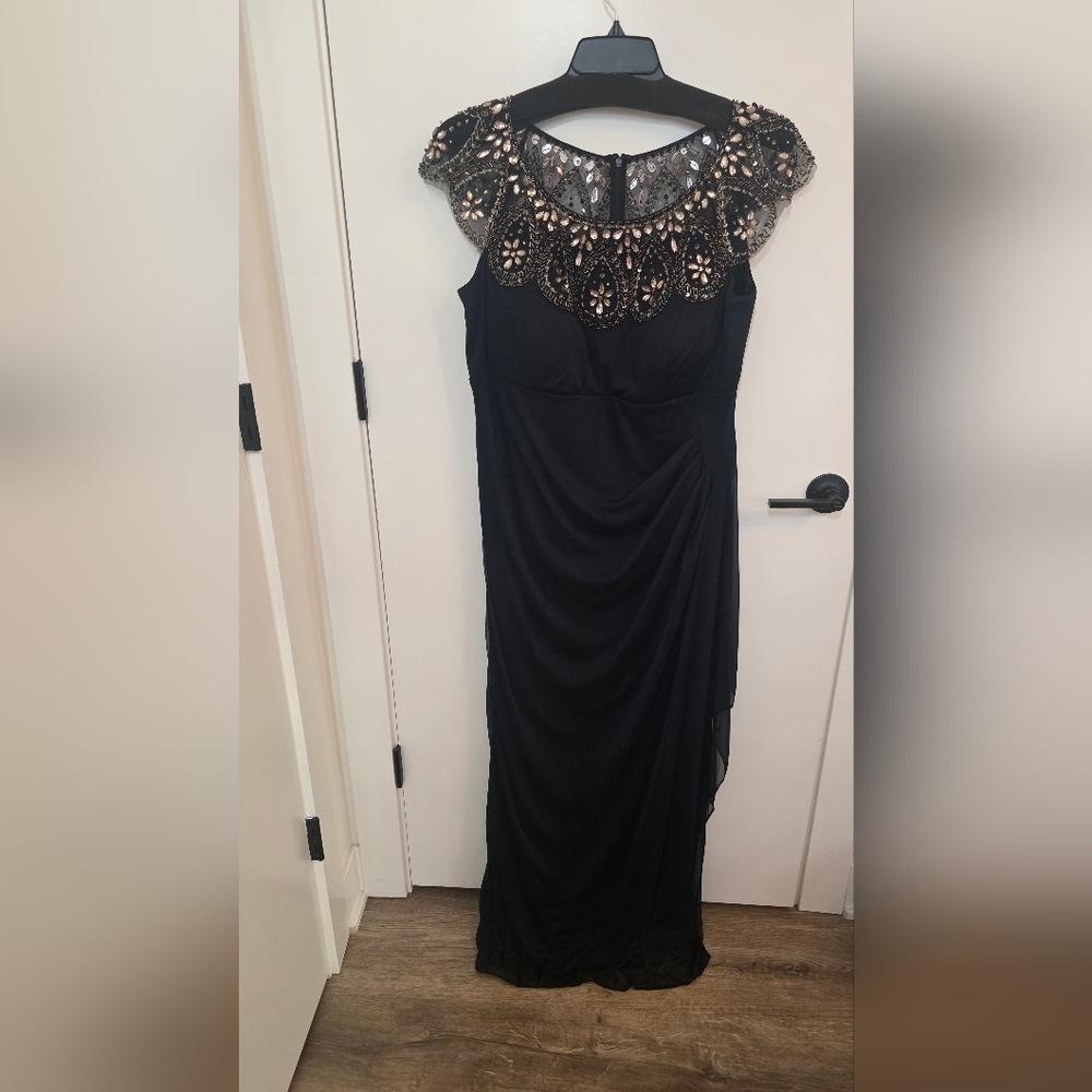 Xscape Black Dress with Gold Embellished Neckline